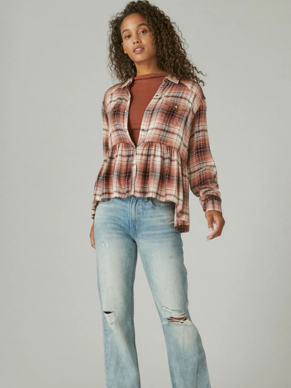 Lucky brand women’s Plaid Western Babydoll Shirt size XL NWT AA-18 - Picture 2 of 6